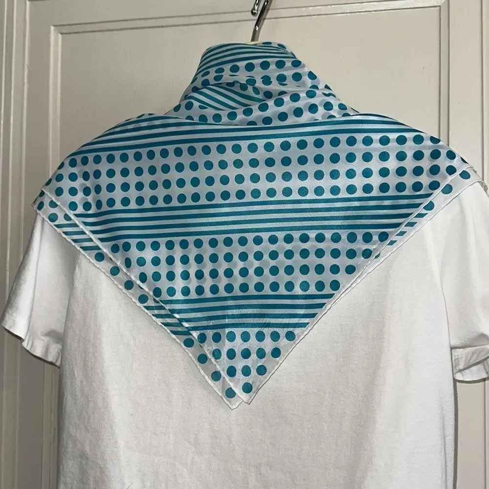 Vtg mid century white polyester‎ square scarf / turquoise stripes & polka dots